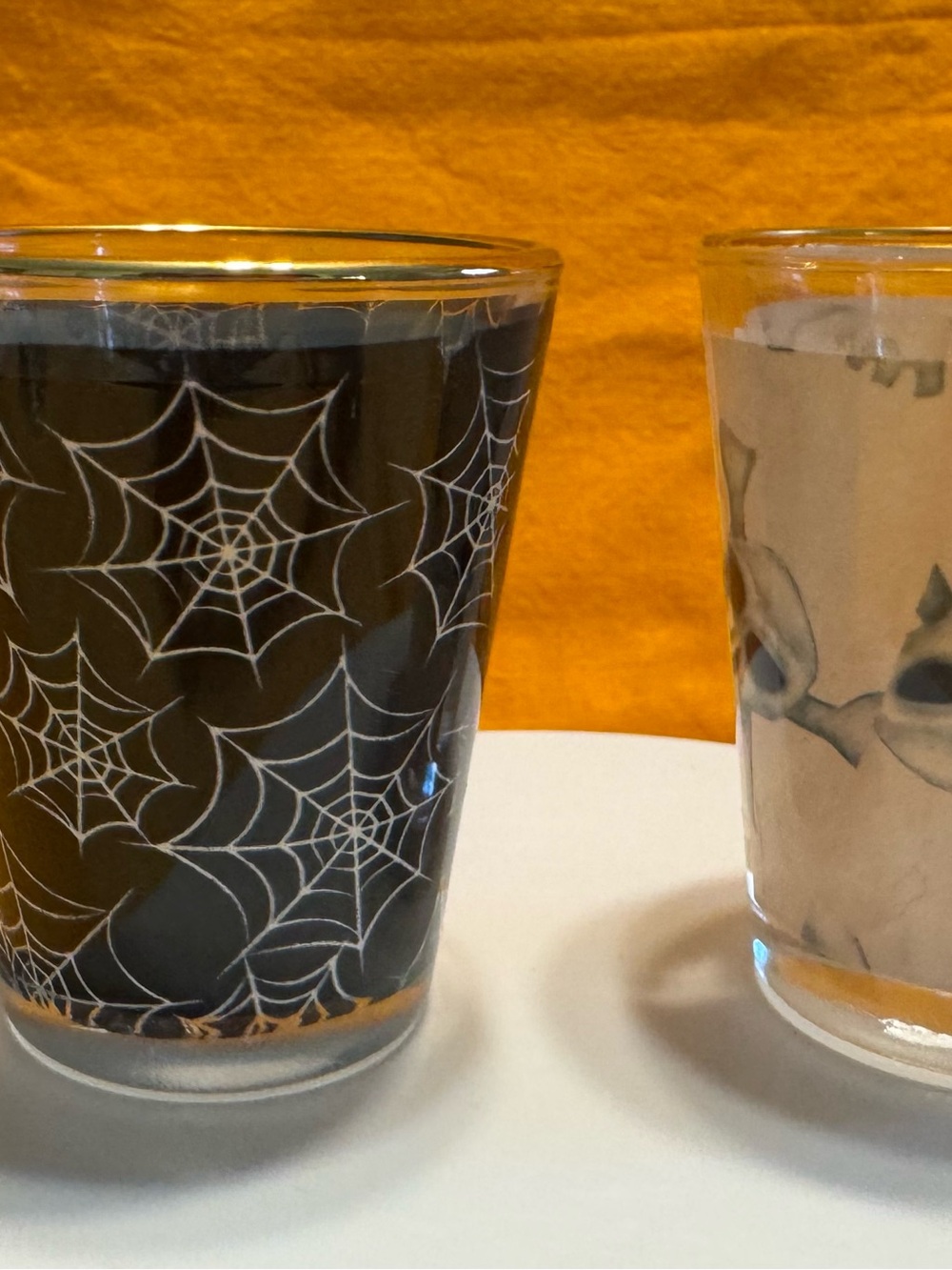 Two piece Halloween Shot Glasses. Spiderweb & Skulls Shot